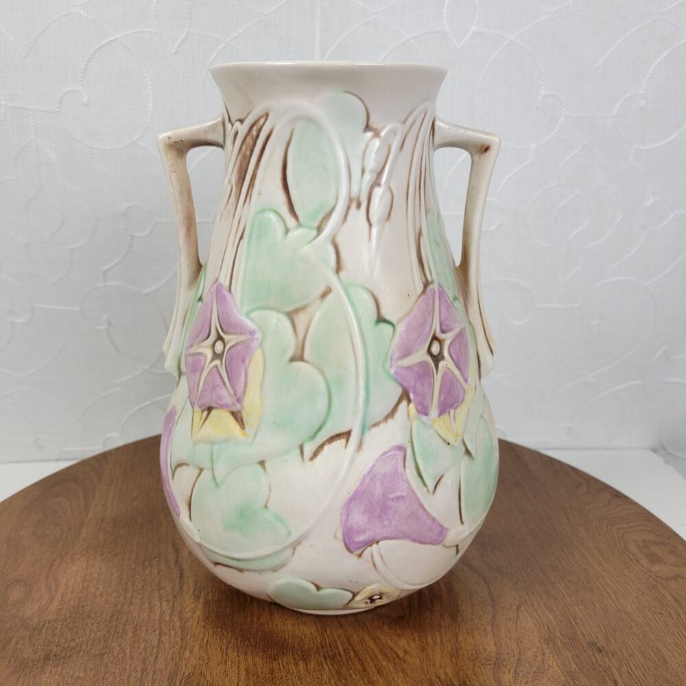 VTG Roseville Pottery Morning Glory Vase 10.5" Ivory Pink Floral Two Handle
